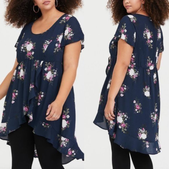 torrid Tops - TORRID Lexie Navy Floral Georgette Babydoll Tunic